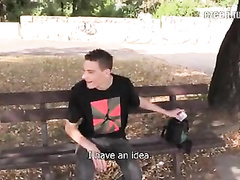Handsome guy was sitting on the bench wen twink with camera seduced him